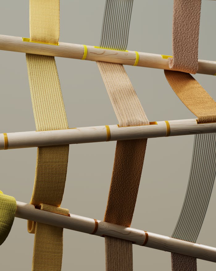 services-01 A creative abstract arrangement of colorful stripes interwoven with wooden poles, perfect for modern art concepts.