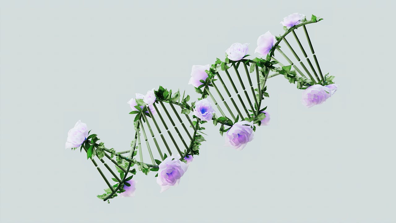 services-02 A creative representation of a DNA helix with blooming pastel roses, blending nature and science.